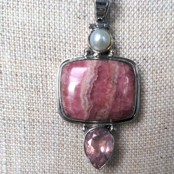 Rhodochrosite Pink Sterling Silver Pendant Necklace Rose Quartz & Pearl Accents - Picture 5 of 7